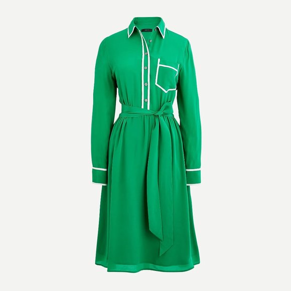 J. Crew A Line Silk Piped Shirtdress, Green - Picture 1 of 11